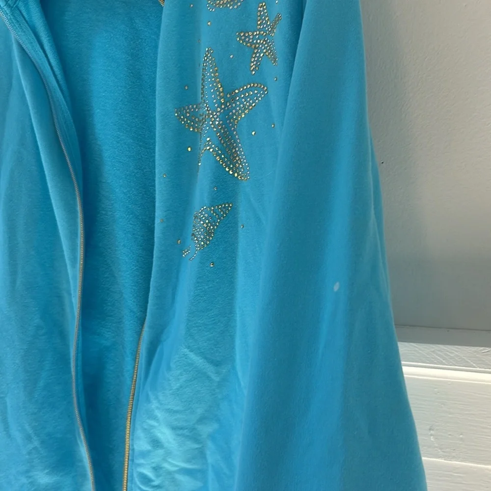 The Quacker Factory Blue 3/4 Sleeve Jacket with Gold Sequin Starfish Medium